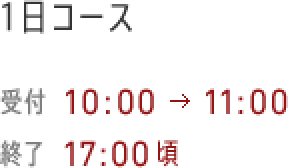 一日コース 受付: 10:00-11:00 終了: 17:00頃